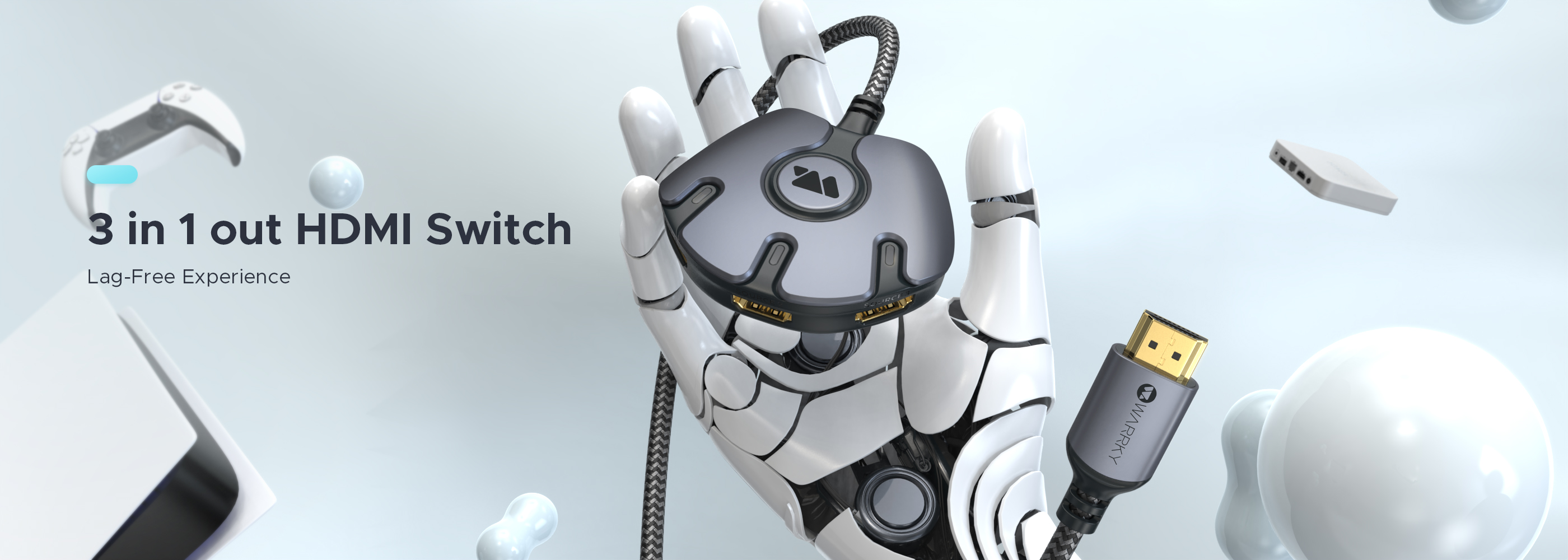 WARRKY's 3 in 1 out HDMI switch on a robot's hand