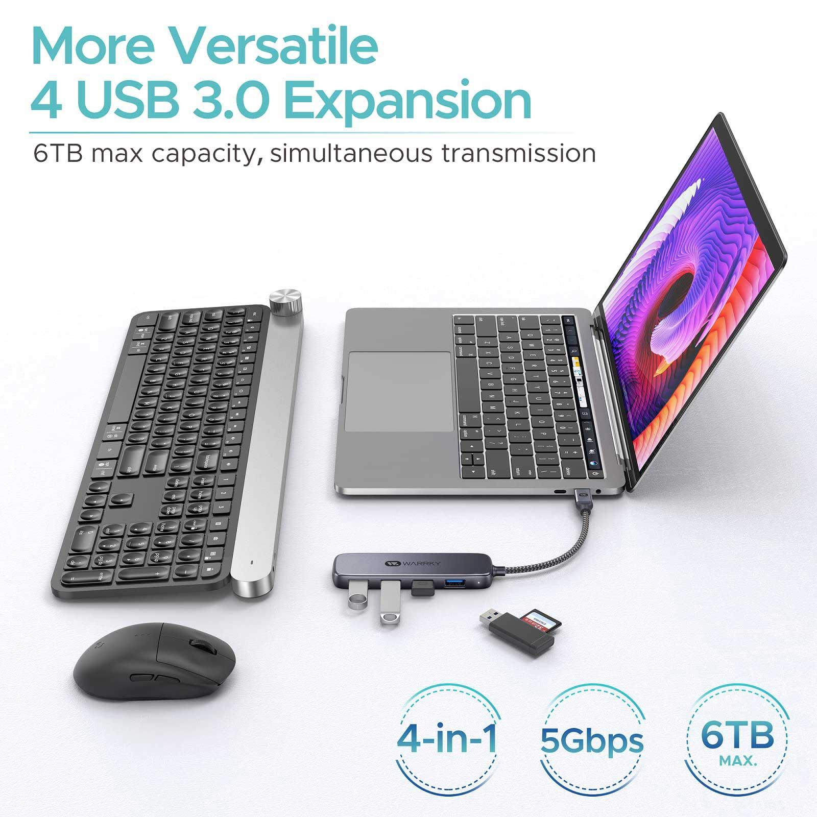 USB C to 4 Port USB A 3.0 Hub 3ft Space Gray