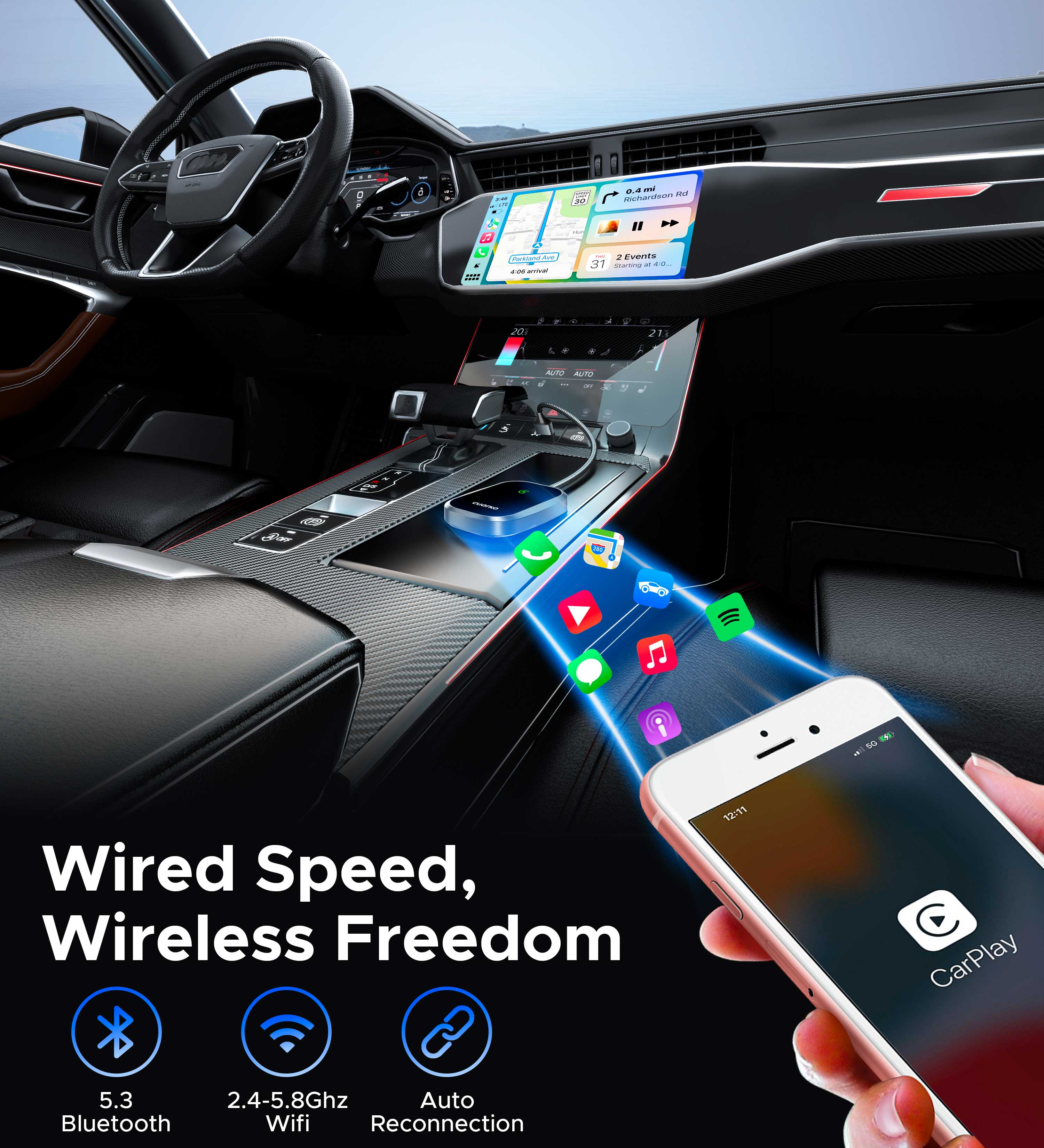 Wired to Wireless CarPlay Adapter 0.38ft Black