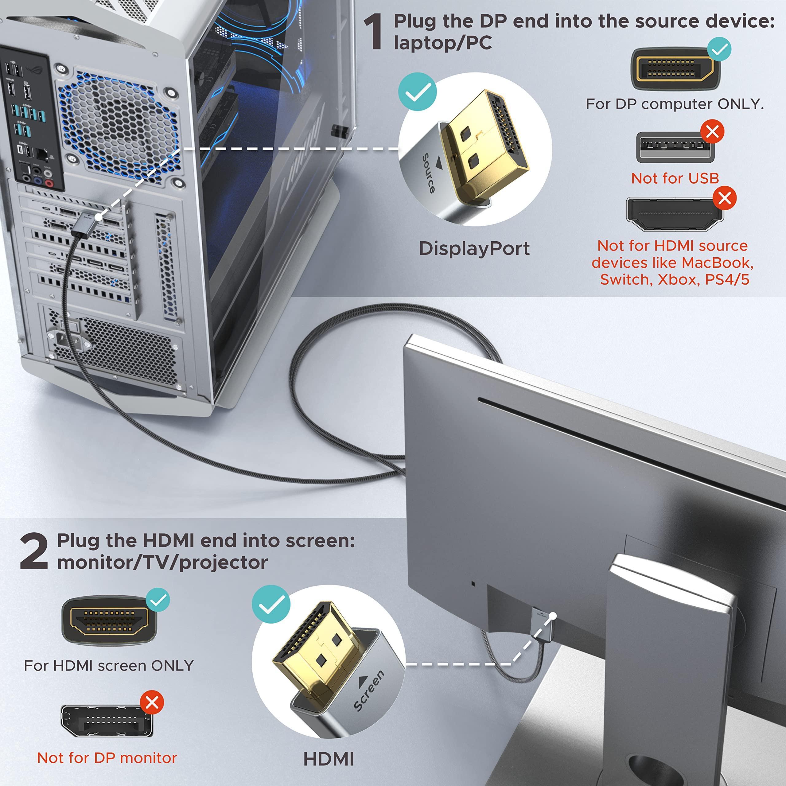 4K 30HZ DisplayPort to HDMI Cable 3.3ft | 6ft | 10ft | 15ft Silver Gray