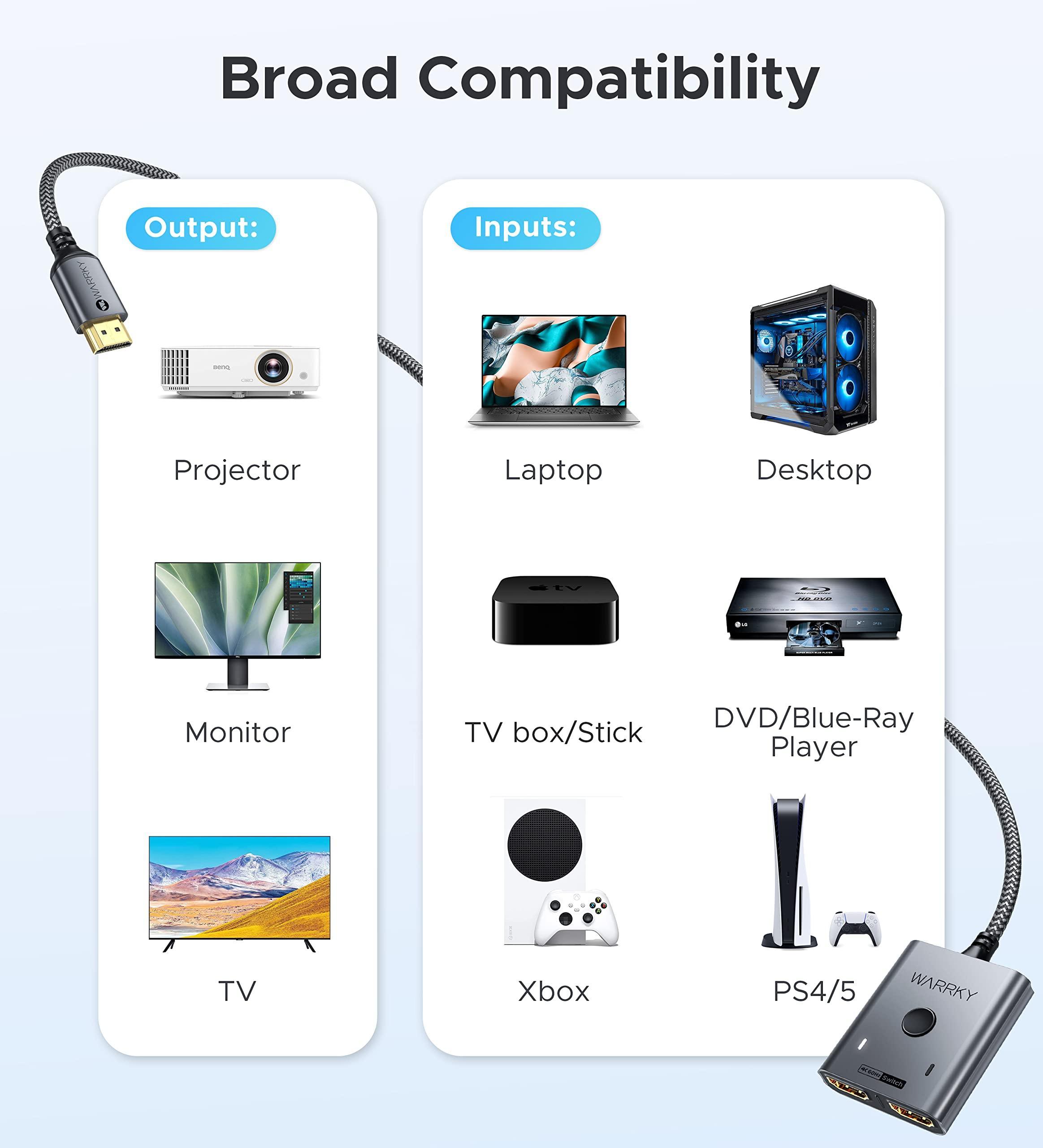 4K 60HZ HDMI Switch 2 in 1 out Bi-Directional 3.3ft Silver Gray | Black | Blue