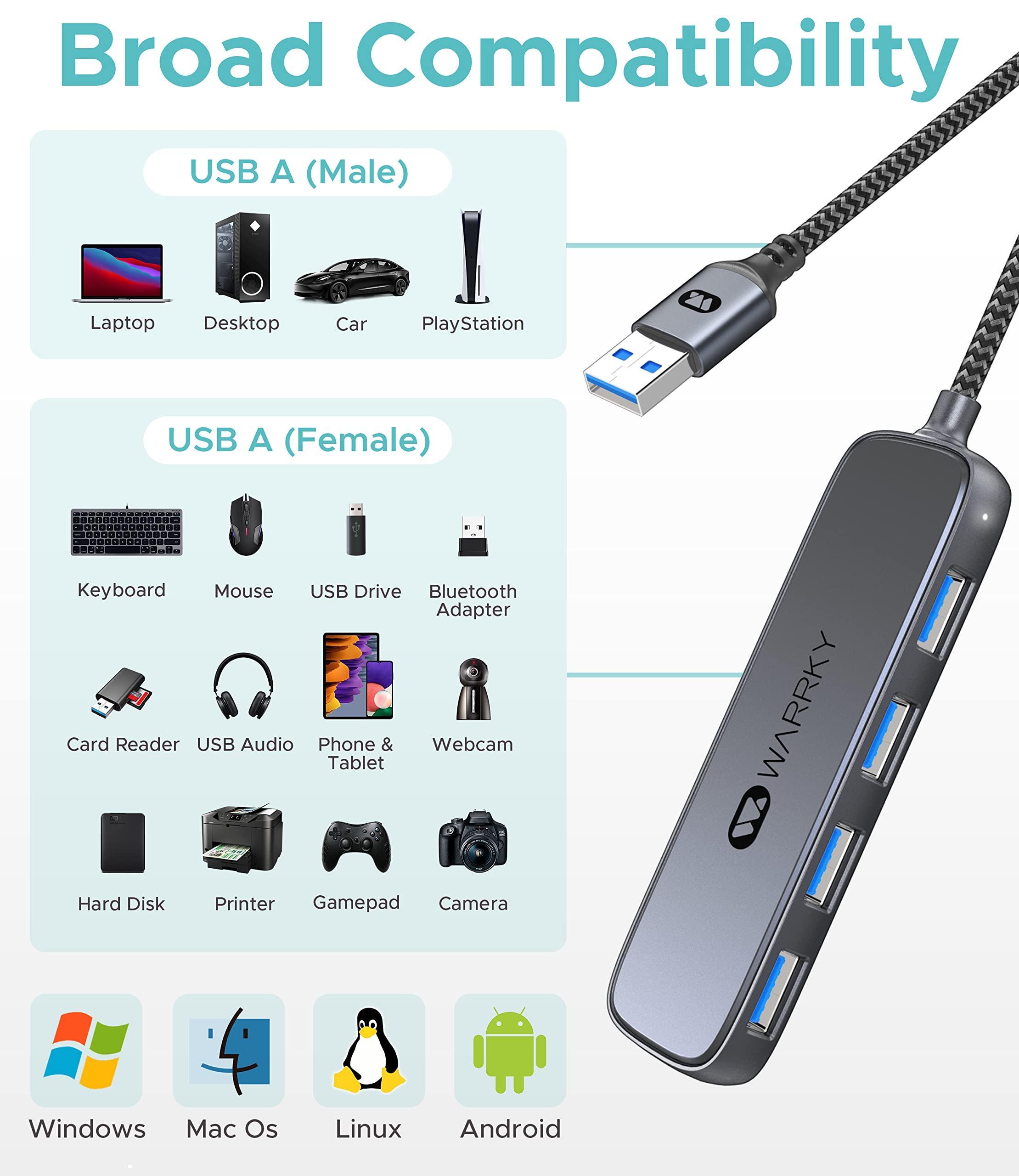USB A to 4 Port USB A 3.0 Hub 3ft Space Gray