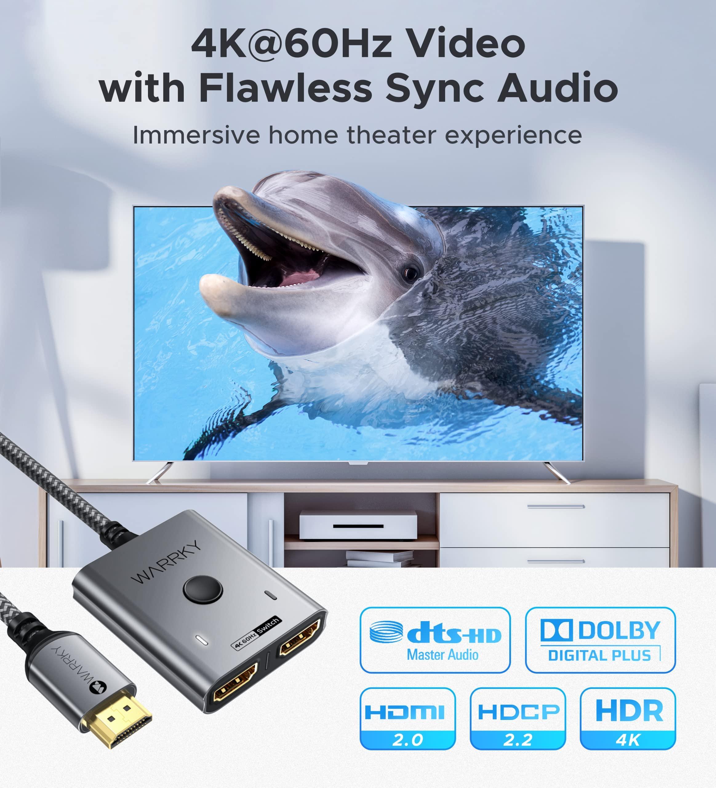 4K 60HZ HDMI Switch 2 in 1 out Bi-Directional 3.3ft Silver Gray | Black | Blue