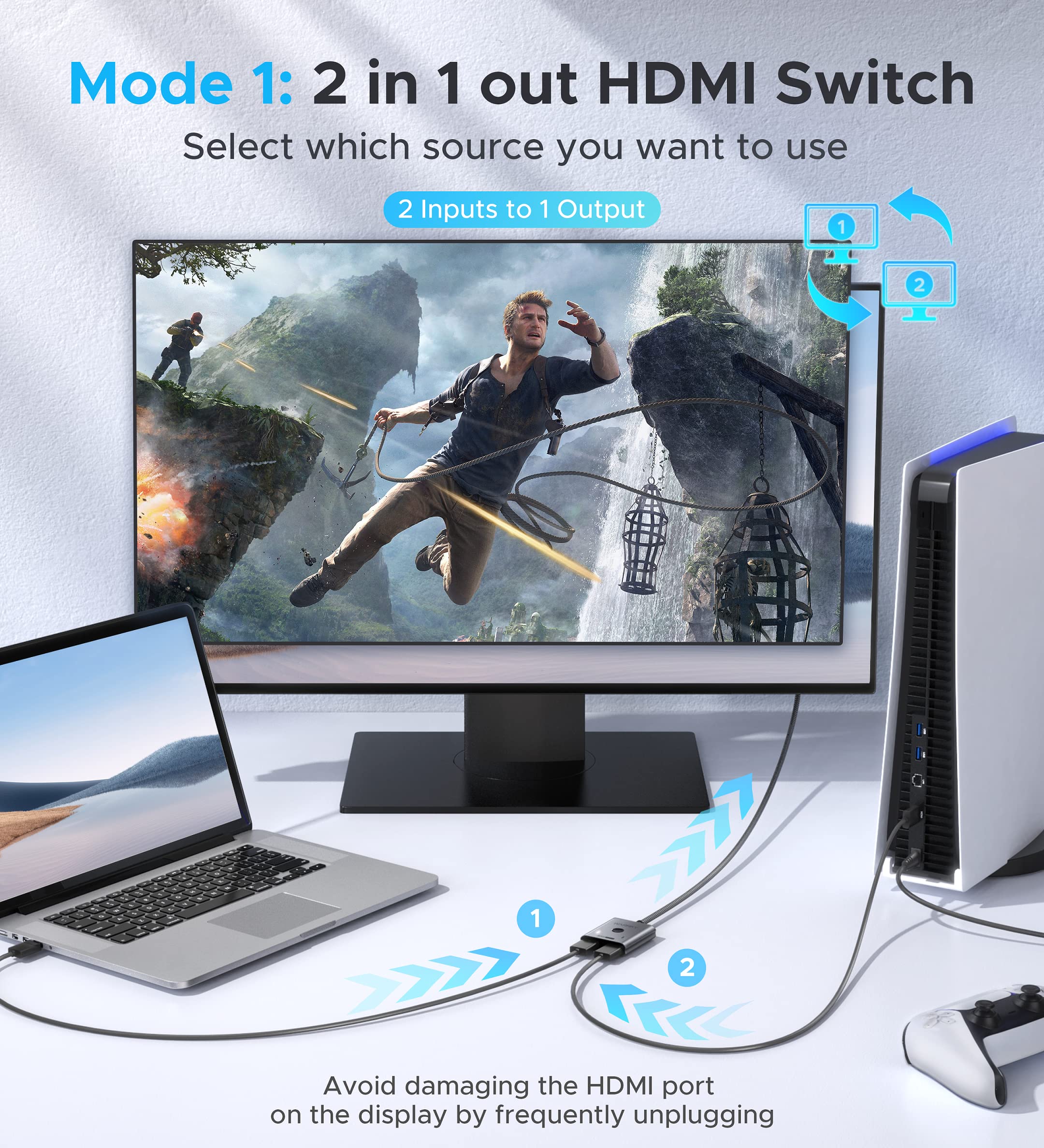 4K 60HZ HDMI Switch 2 in 1 out Bi-Directional 3.3ft Silver Gray | Black | Blue