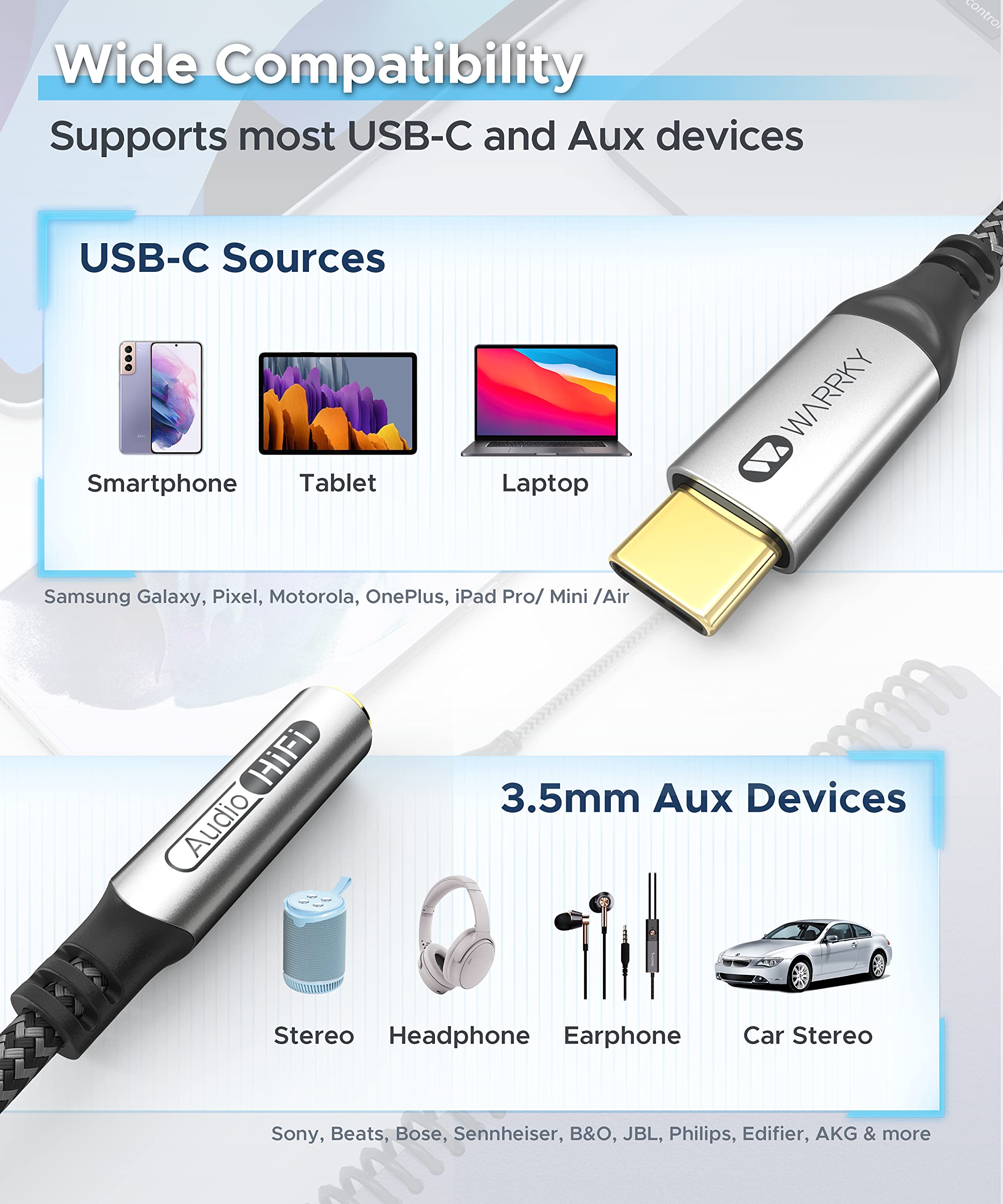 USB C to 3.5mm Jack Adapter 0.4ft Silver Gray | Black | White