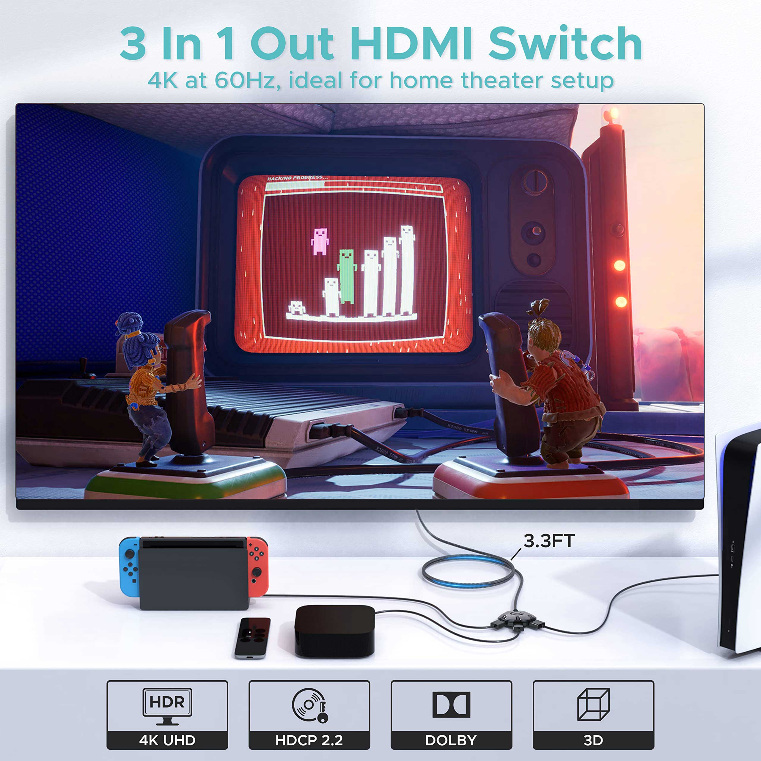 WARRKY - Interruptor HDMI 2 en 1 salida 4K @60Hz, WARRKY Cable HDMI  trenzado fijo de 3.3 pies, carcasa de aluminio, HDCP 2.2】 Divisor  bidireccional de