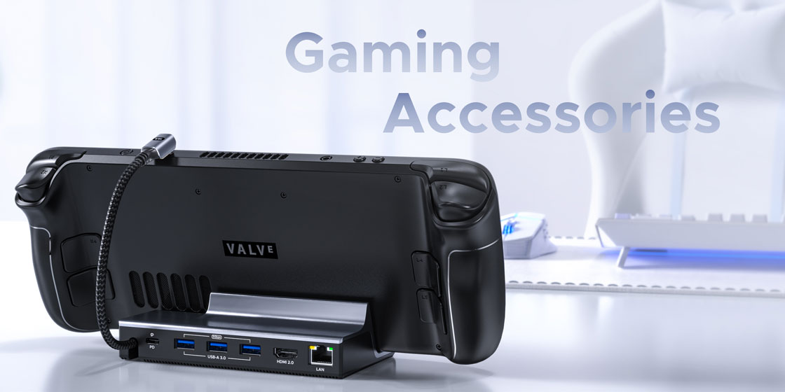 Steam Deck with WARRKY docking station, and gamepad are arranged together
