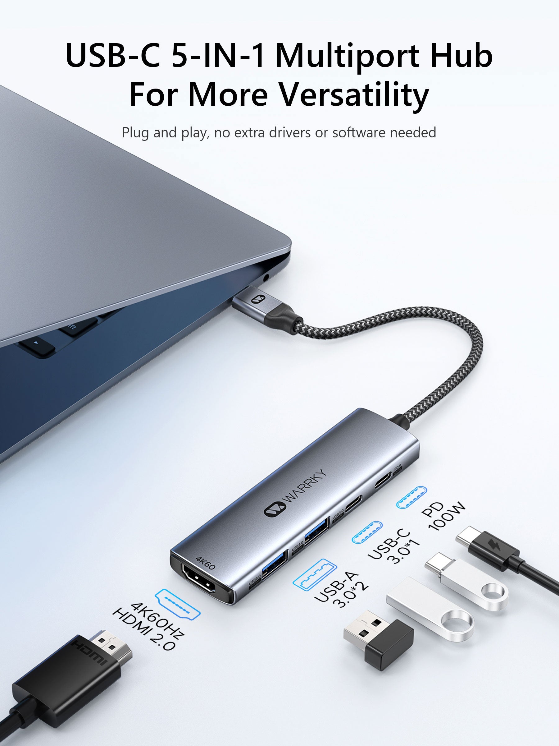 USB C 5-IN-1 Multiport Hub 0.5ft Silver Gray