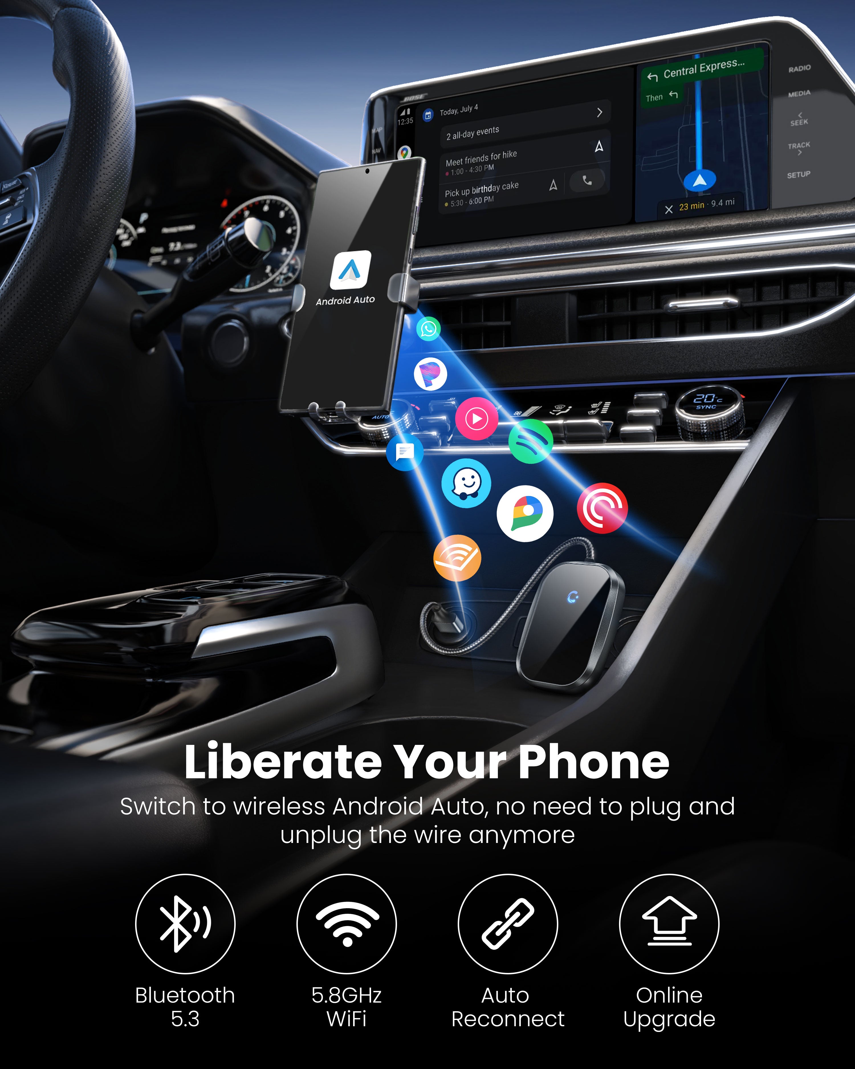 Wired to Wireless Android Auto Adapter 0.38ft Black