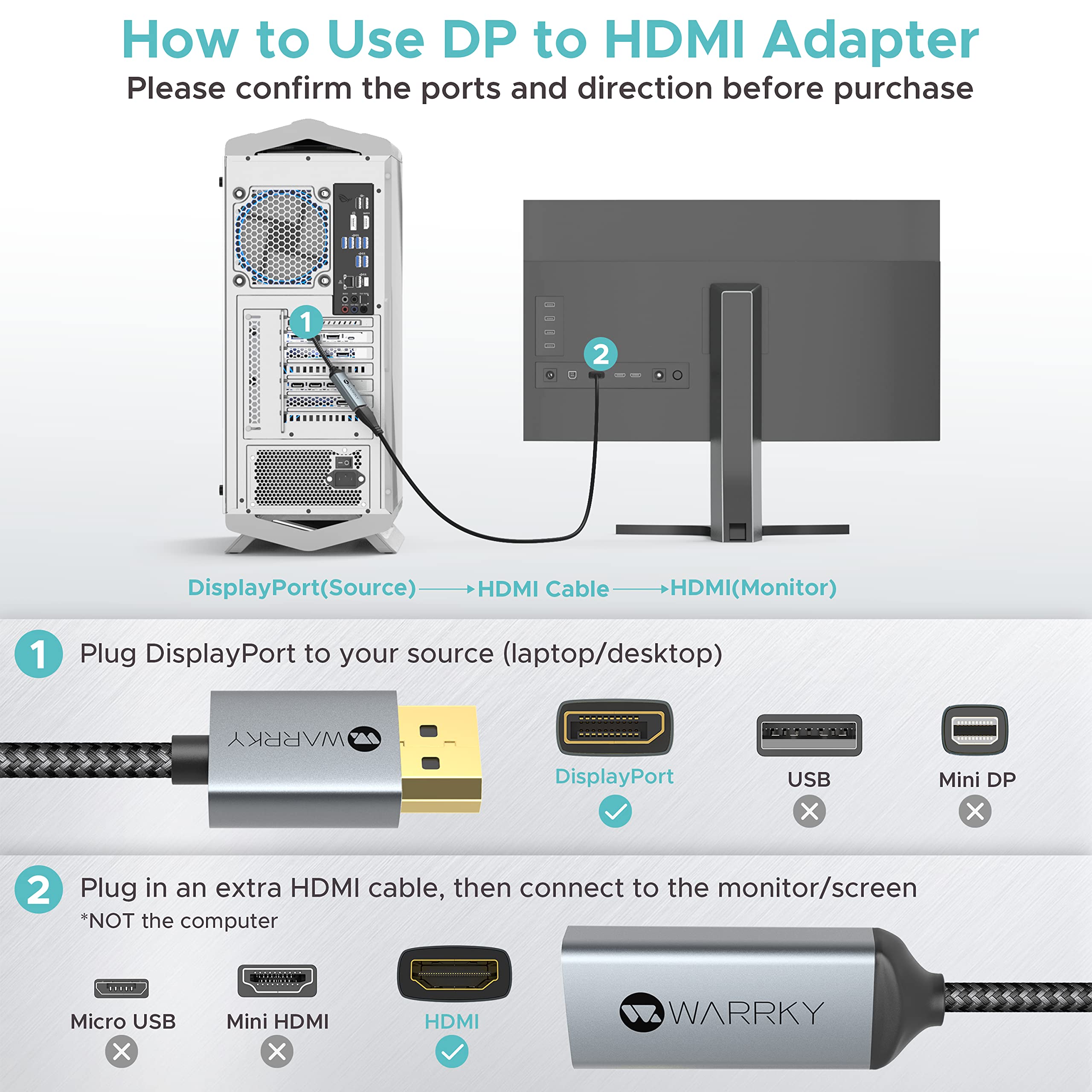 4K 30HZ DisplayPort to HDMI Adapter 0.65ft Silver Gray
