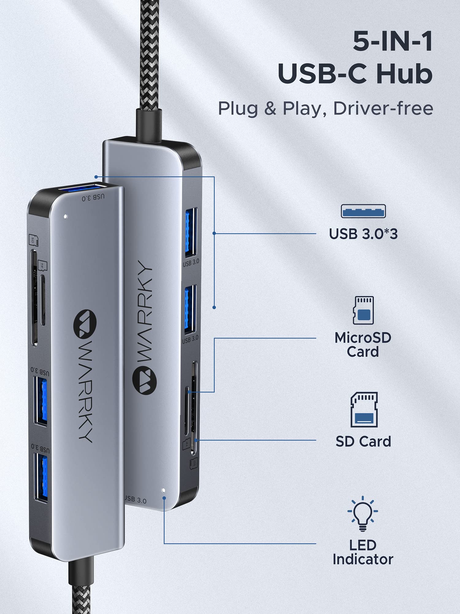 USB C Card Reader 5 in 1 0.6ft Silver Gray