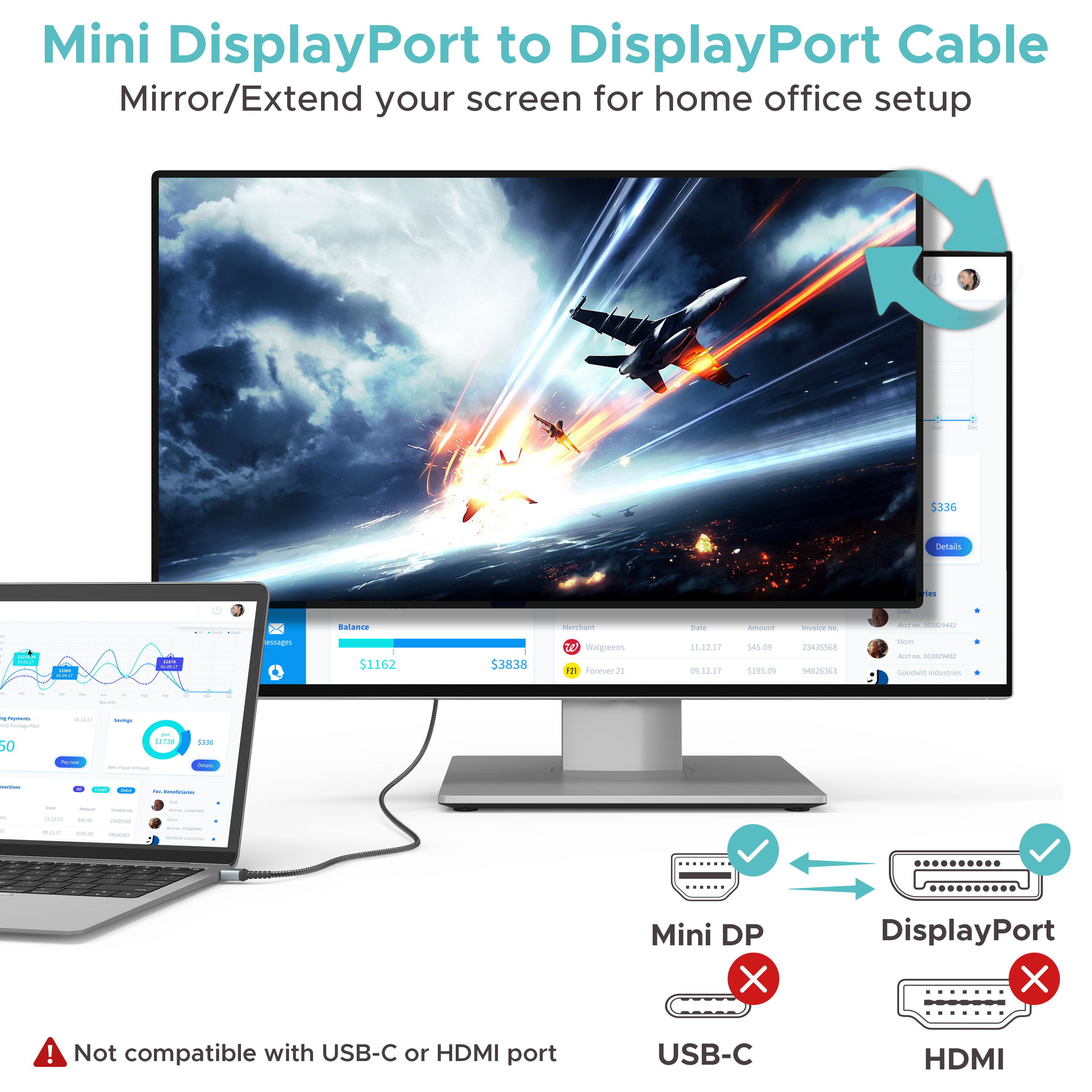 4K 60HZ Mini DisplayPort to DisplayPort Cable 6.6ft Silver Gray